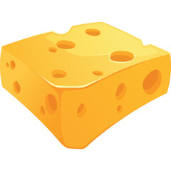 A single cube of bright yellow cheese with irregular holes and a light sheen against a clean white background representing dairy and food.