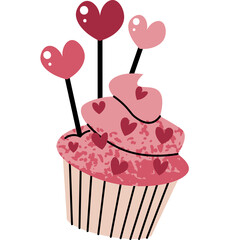 Pink frosted cupcake with heart decorations and heart lollipops on sticks isolated on a transparent background