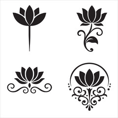 Set of Four Stylized Lotus Flower Icons: Yoga, Meditation, Spirituality, and Wellness Graphic Symbols