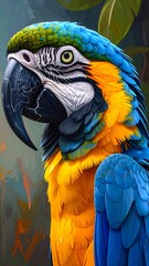 Obraz premium A vibrantly colored parrot portrait with blue, gold, and green feathers