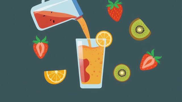 Refreshing vector illustration of a vibrant fruit juice being poured into a glass, surrounded by fresh strawberries, orange slices, and kiwi, symbolizing healthy natural beverages