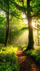 Naklejka premium Serene forest pathway illuminated by sunlight, showcasing vibrant greenery and blooming flowers