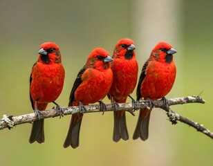 Four vibrant red birds perched on a branch, surrounded by a blurred green background in nature