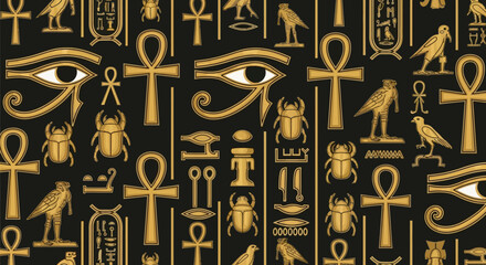Discover ancient Egyptian symbols like the Ankh, Eye of Horus, and scarabs in a stunning golden pattern on black, perfect for historical designs.