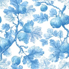 Fig Toile de jouy Seamless pattern. Blue floral pattern featuring leaves and figs on a white background.