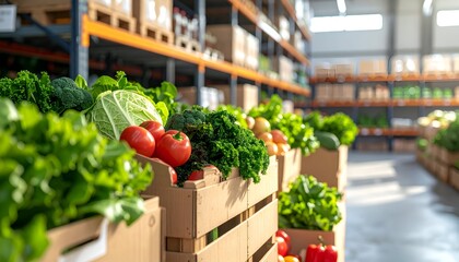 Fresh vegetables in wooden crates organized in a bright warehouse with shelves in the background