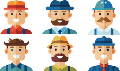 Diverse collection of six cartoon men with various hats and facial hair styles representing different professions