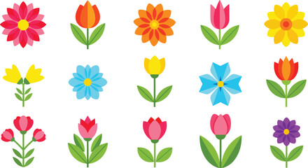 Vibrant collection of stylized spring flowers in various shapes and bright colors against a white background Art & Illustration