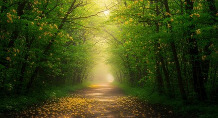 Obraz premium Sunlit Forest Path with Yellow Flowers and Lush Green Trees