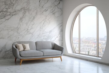 A modern living room features a gray sofa and marble walls beside a round window.