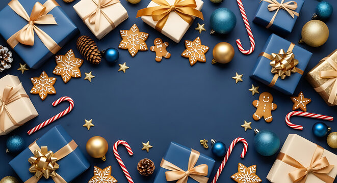 Elegant flat lay of blue and gold Christmas presents and ornaments arranged on a dark navy blue background with copy space