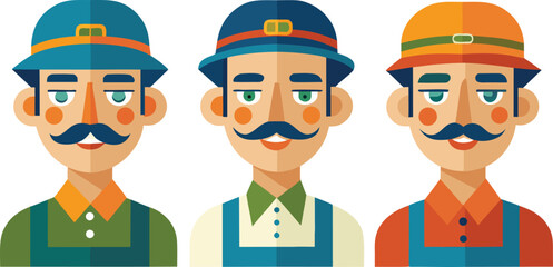 Three stylized cartoon men with mustaches and hats in colorful work clothes isolated on white background Art & Illustration