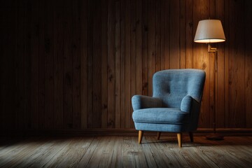 A blue armchair is lit by a floor lamp against a dark wood paneled wall.