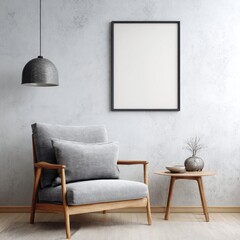 Modern armchair, framed artwork, and lamp create cozy living space.
