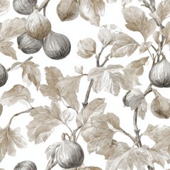 Fig Toile de jouy Seamless pattern. Textured illustration of fig branches and leaves on a light background.