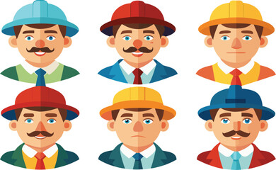 Collection of six diverse cartoon men s portraits featuring different hats and moustaches for various professions Art & Illustration