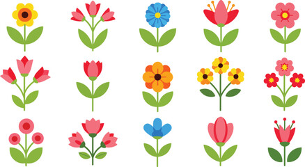 A vibrant collection of stylized flat design flowers in various colors and shapes on a white background Art & Illustration
