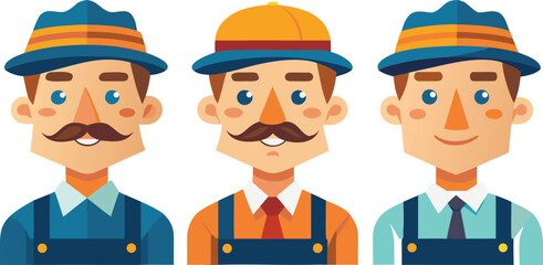 Three cheerful cartoon men wearing hats and overalls representing teamwork and a friendly workforce Art & Illustration