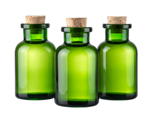  Small Glass Bottles with Luminous Green Liquid Isolated on Transparent Background PNG