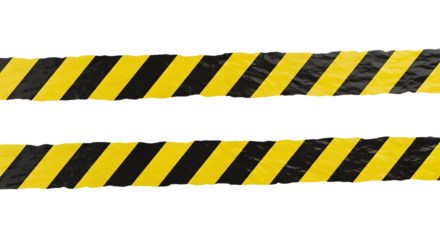 Two strips of wrinkled yellow and black striped caution tape for restricted areas. Isolated on transparent background, png�