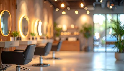 Modern hair salon interior with stylish mirrors and lighting, showcasing a clean, vibrant atmosphere