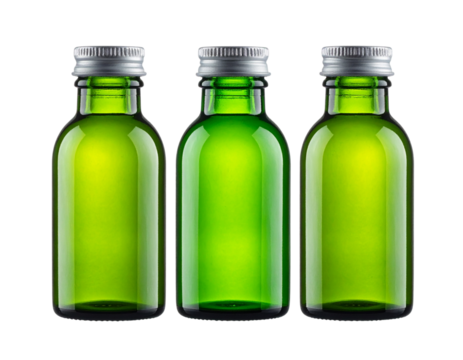 Small Glass Bottles with Luminous Green Liquid Isolated on Transparent Background PNG 