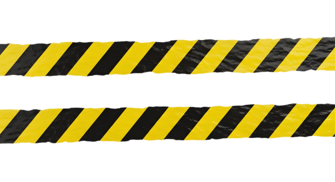 Two strips of wrinkled yellow and black striped caution tape for restricted areas. Isolated on transparent background, png�