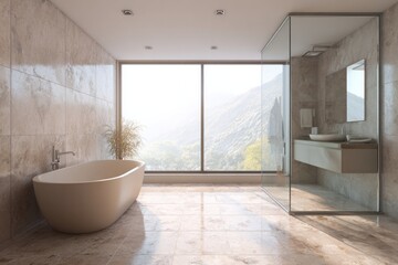 Modern bathroom with bathtub and shower offers scenic mountain views.