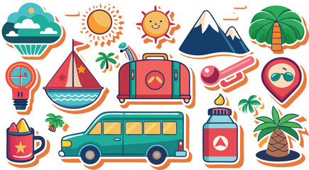 Obraz premium Vibrant cartoon stickers illustrating summer vacation adventures with travel essentials and tropical elements Art & Illustration