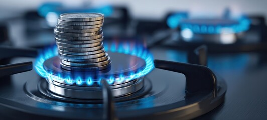The Coin Stack on a Gas Stove Surrounded by Blue Flame Representing Rising Energy Costs