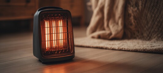 The space heater glowing warmly on hardwood floor beside a cozy knitted blanket