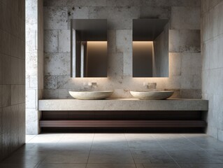 Elegant modern bathroom features twin vessel sinks and stone tile walls.