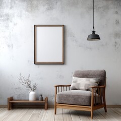 Minimalist room with armchair, blank frame, and pendant light.