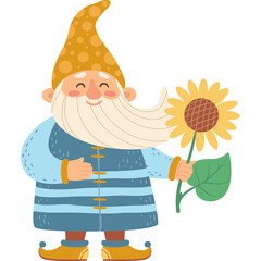 Naklejka premium Whimsical Gnome Character Holding a Bright Sunflower in a Cheerful Pose with a Textured Orange Hat and Blue Striped Tunic on a Transparent Background