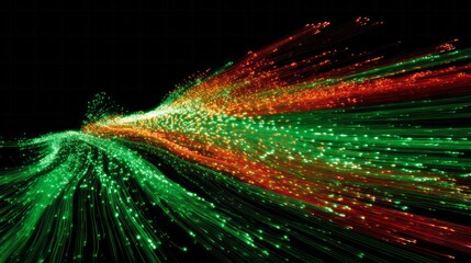 Glowing green and red particles flow in dark space.