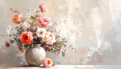 Beautiful floral arrangement in a vase with soft pastel background, showcasing vibrant roses and delicate flowers