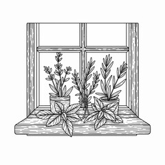 Fototapeta premium Herbs on a windowsill line art drawing. Vintage engraving style botanical graphic with lavender, rosemary, and basil