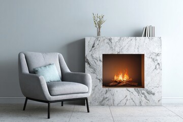 Cozy armchair and marble fireplace with burning logs create warm atmosphere.