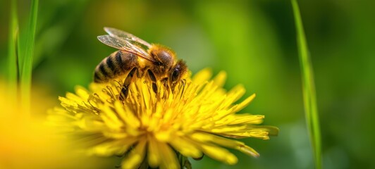 The Bee Gathering Nectar on a Bright Yellow Dandelion in Summer Meadow
