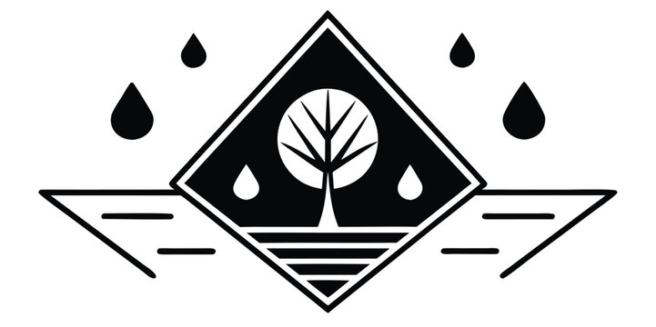 Black and White Emblem A Tree with Raindrops and Geometric Details in Minimalist Style