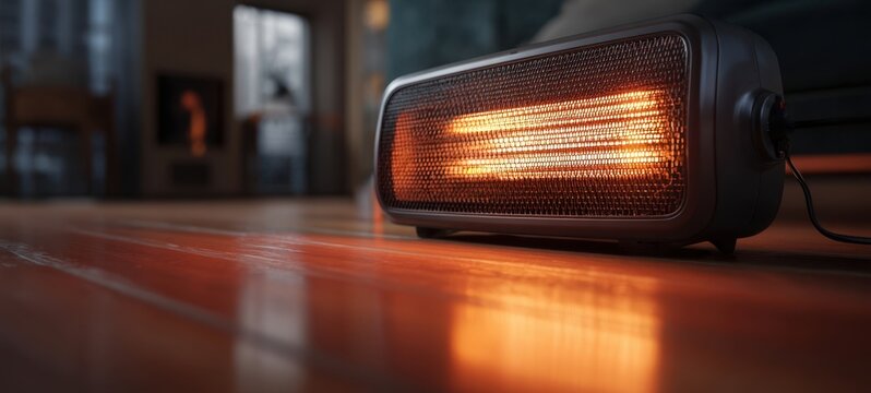 The space heater glowing on hardwood floor in a cozy modern living room - Powered by Adobe