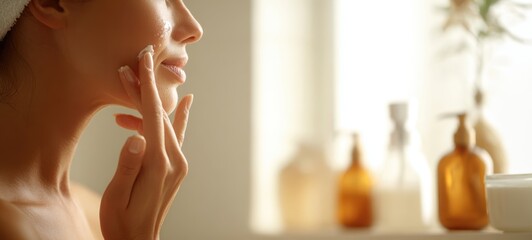 The Woman Applying Moisturizer to Her Face in a Bright Bathroom Setting