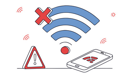 Flat minimal vector illustration of a broken Wi-Fi connection with a warning sign and smartphone