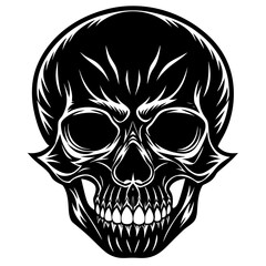 Stylized black skull with sharp teeth and fiery accents isolated on white background