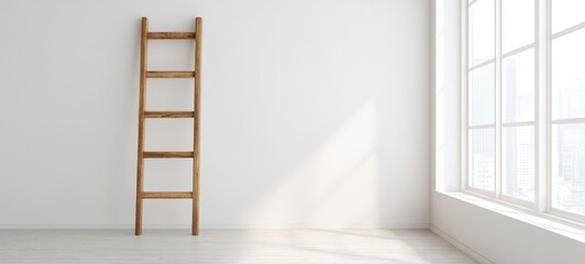 The Ladder Standing Against a Minimal White Wall in a Sunlit Modern Room