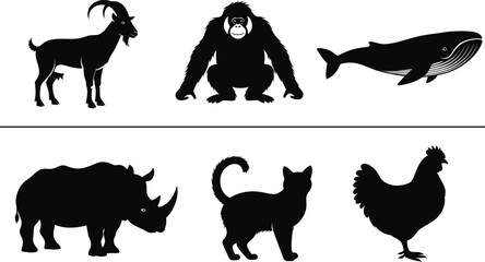 Animal silhouette set, black vector icons of goat, gorilla, whale, rhinoceros, cat, and chicken for farm and wildlife themes