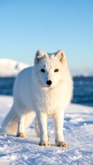 A white arctic fox stands on snow, ocean and mountains blurred in background