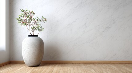 Large ceramic vase with plant and berries stands against a textured wall.