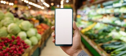 The Smartphone Held in Hand with Blank Screen in Produce Aisle