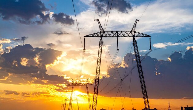 Dynamic view of electricity transmission towers at dusk, connecting communities with essential power, set against a breathtaking orange and blue sky